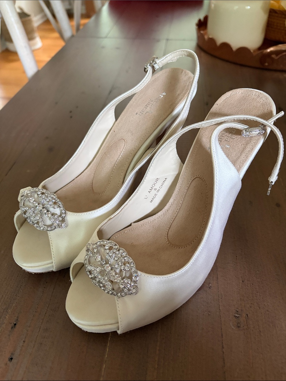 Ivory Peep-Toe Slingback Heels with Crystal Brooch